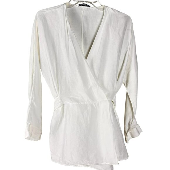 Zara White Long Wrap Blouse Size Medium Kimono - Picture 2 of 12